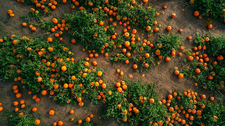 Orange fruit on the vine. Aerial view of orange fruit in the field.の素材