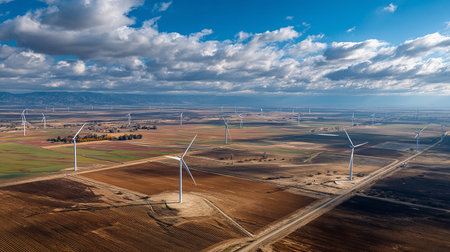 Aerial view of windmills for electric power production, Zaragoza province, Aragon, Spainの素材