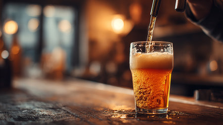 Pouring beer into glass on bar counter in pub, close upの素材