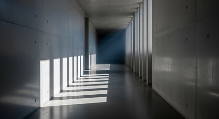 Empty corridor in modern office building with light and shadow on the wallの素材