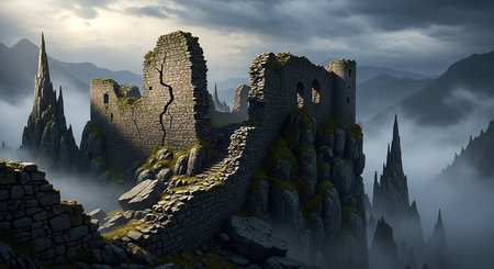 Fantasy landscape with castle ruins in the fog. 3D illustrationの素材