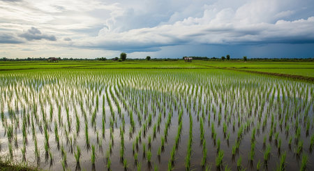 Rice field and cloudy sky in the countryside of thailand.の素材