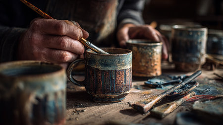 Close-up of a man's hands with a paintbrush and a cup of coffeeの素材