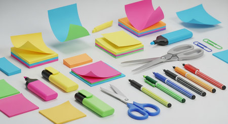 Colorful office stationery on a white background. 3d renderingの素材