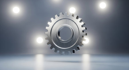 Gear icon on a gray background with spotlights. 3D renderingの素材