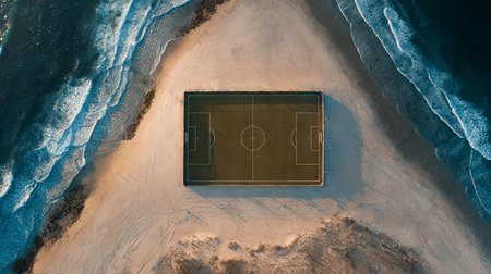 Aerial view of a soccer field on the beach at sunset.の素材