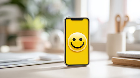 Smartphone with smiley face icon on screen on table at homeの素材