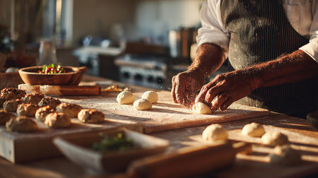 Close-up of a chef's hands kneading dough on a wooden board.の素材