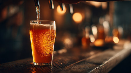 Pouring beer into a glass on the bar counter, close-upの素材