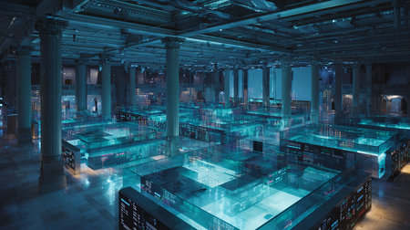 3D rendering of a futuristic server room with servers and data storageの素材