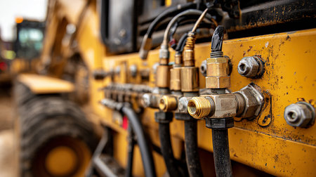 Close-up of a hydraulic bulldozer. Selective focus.の素材