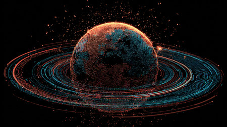 3d rendering of planet earth with neon lines on black background.の素材