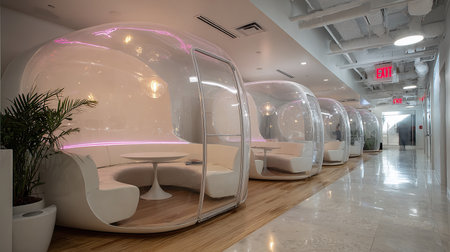 Interior of a modern hotel with glass wall and white chairs.の素材