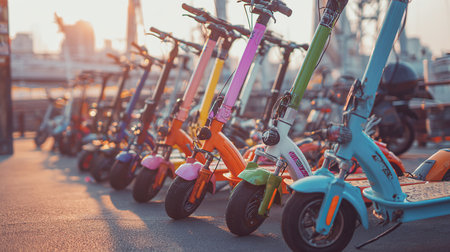 Row of electric scooters parked in Bangkok, Thailand.の素材