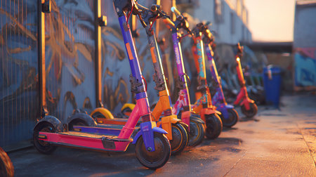 Colorful scooters parked in a row on the street at sunsetの素材