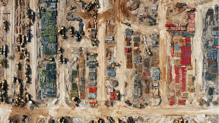 Aerial view of a construction site with cranes and excavators.の素材