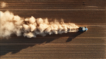 aerial view of the tractor working on the large wheat field at sunsetの素材