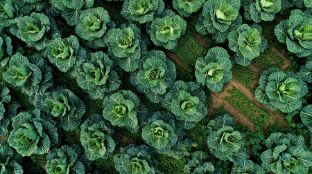 Cabbage field top view. Green cabbage field top view. Cabbage field top view.の素材