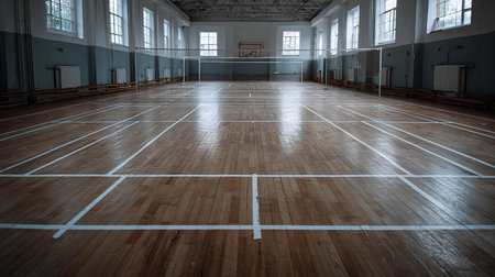 old gym hall with wooden floor and empty space for your own textの素材
