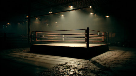 Boxing ring in a dark gym at night with lights and smokeの素材