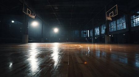 Basketball court at night with lights and reflections. 3d renderingの素材