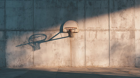 Basketball hoop on a concrete wall in an outdoor basketball court.の素材