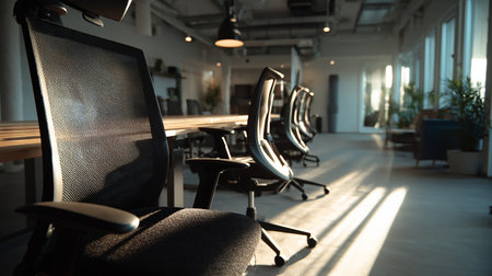 Empty meeting room with chairs and table in modern office, closeupの素材