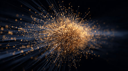 Abstract 3d rendering of chaotic glowing particles in empty space. Futuristic background with depth of field and bokeh effect.の素材