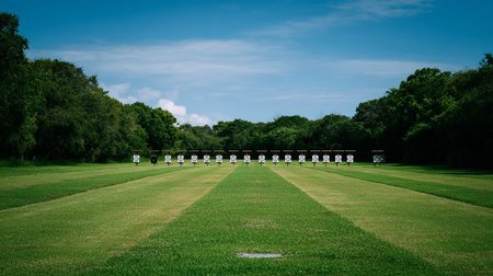 Cricket field with green grass and blue sky, Thailand.の素材