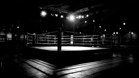Boxing ring in the dark. Black and white photo of boxing ringの素材