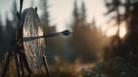 Archery target on the background of the forest and the setting sunの素材