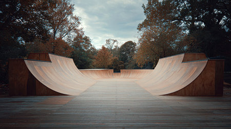 Empty skatepark with wooden ramp. 3d render, toned imageの素材