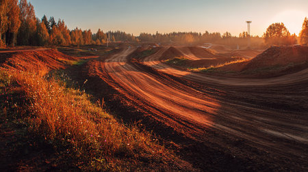 Dirt road in the fields in the rays of the setting sunの素材