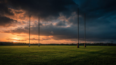 soccer field with goal post and dramatic sky at sunset in the backgroundの素材