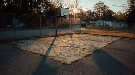 Basketball court with ball and net at sunset. Vintage style.の素材