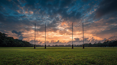 Soccer goal posts in the field at sunset time with dramatic skyの素材