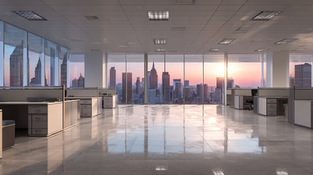 Empty office interior with panoramic city view. 3D renderingの素材