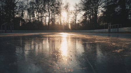 Ice hockey field at sunset with reflection in the water. Winter sportsの素材