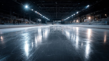Ice hockey rink at night, wide angle view with copy space.の素材