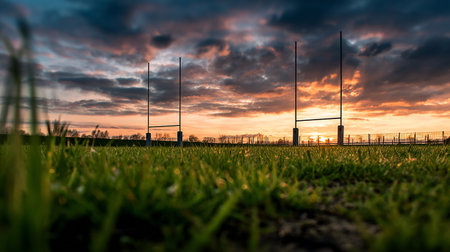 Sunset in a field with grass and football goal posts in the foregroundの素材