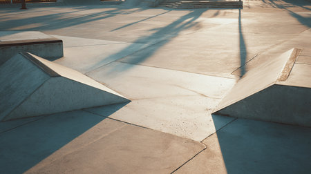 Skateboard ramp in skate park with shadows and sunlight, vintage tonedの素材