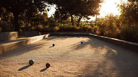 A group of bowling balls on the ground at sunset in the parkの素材