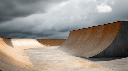 3d render of a skate park with concrete walls and stormy skyの素材