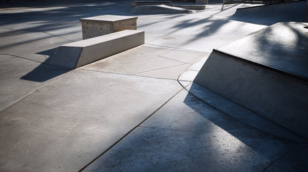 Low angle view of a modern skate park with concrete steps and shadowsの素材