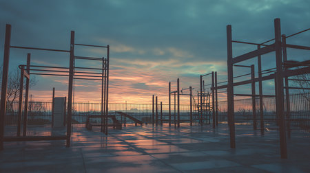 Empty sports hall during sunset in the city. Retro style tonedの素材