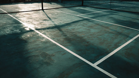 Tennis court with net and shadow on the floor, vintage toneの素材