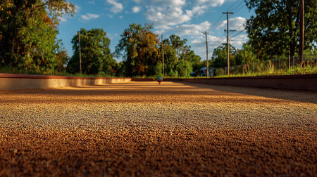 Sunset on an asphalt road in a rural area with trees and shrubsの素材