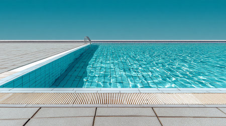 Swimming pool with blue water and white tile floor, perspective viewの素材