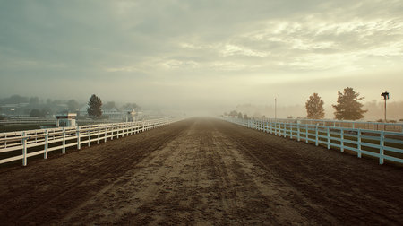Horse race track in the morning mist. Filtered image processed vintage effect.の素材