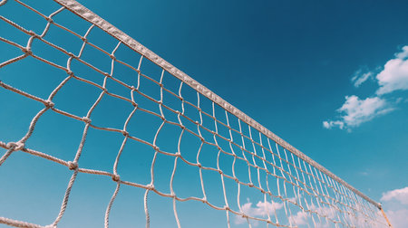 Close-up of a volleyball net on a blue sky background.の素材